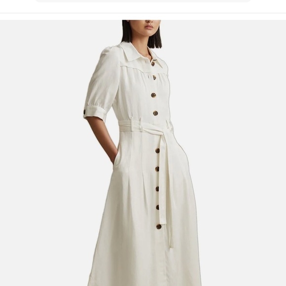 MALIKA LINEN-BLEND CAP SLEEVE LINEN BELTED MIDI DRESS IN WHITE - Picture 1 of 6